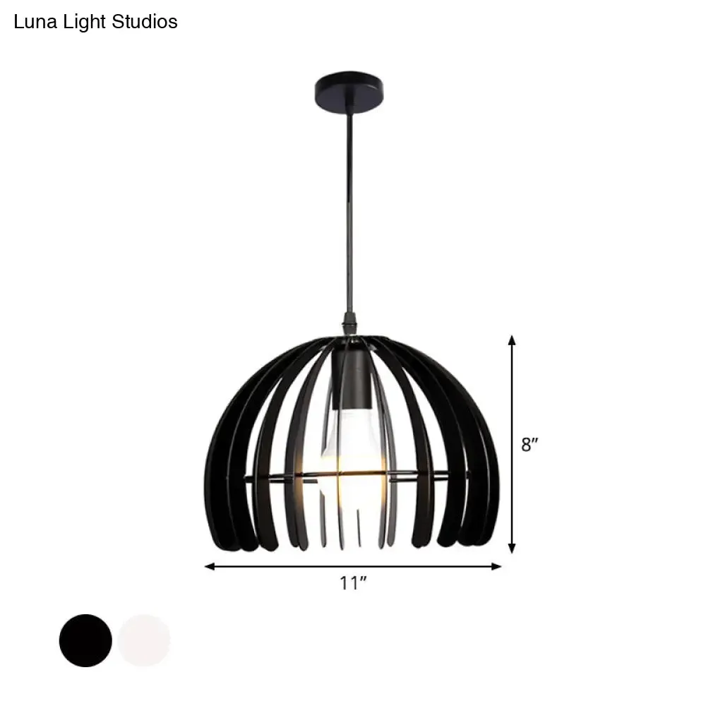 Contemporary Domed Cage Hanging Lamp Kit for Living Room - Metal Single Bulb Suspension Pendant in Black/White