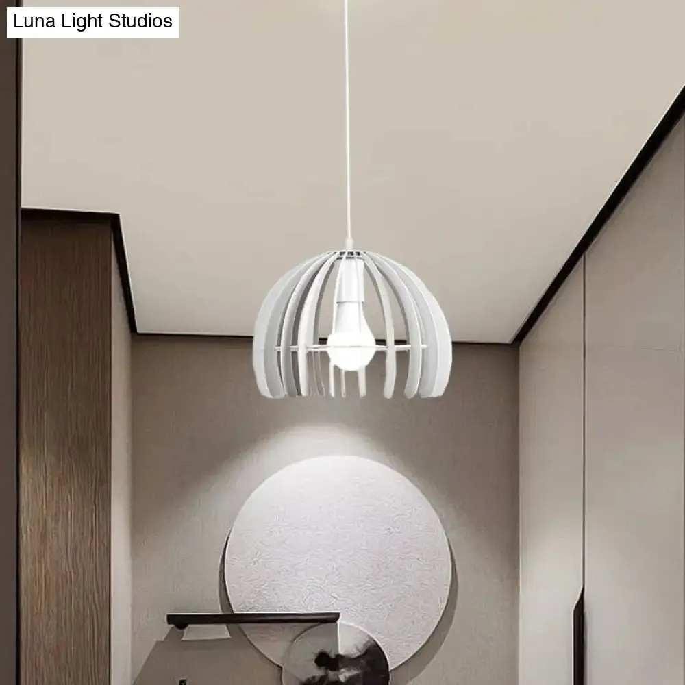 Contemporary Domed Cage Hanging Lamp Kit for Living Room - Metal Single Bulb Suspension Pendant in Black/White