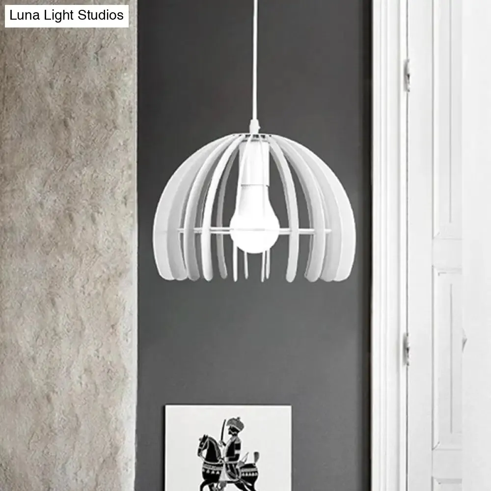 Contemporary Domed Cage Hanging Lamp Kit for Living Room - Metal Single Bulb Suspension Pendant in Black/White