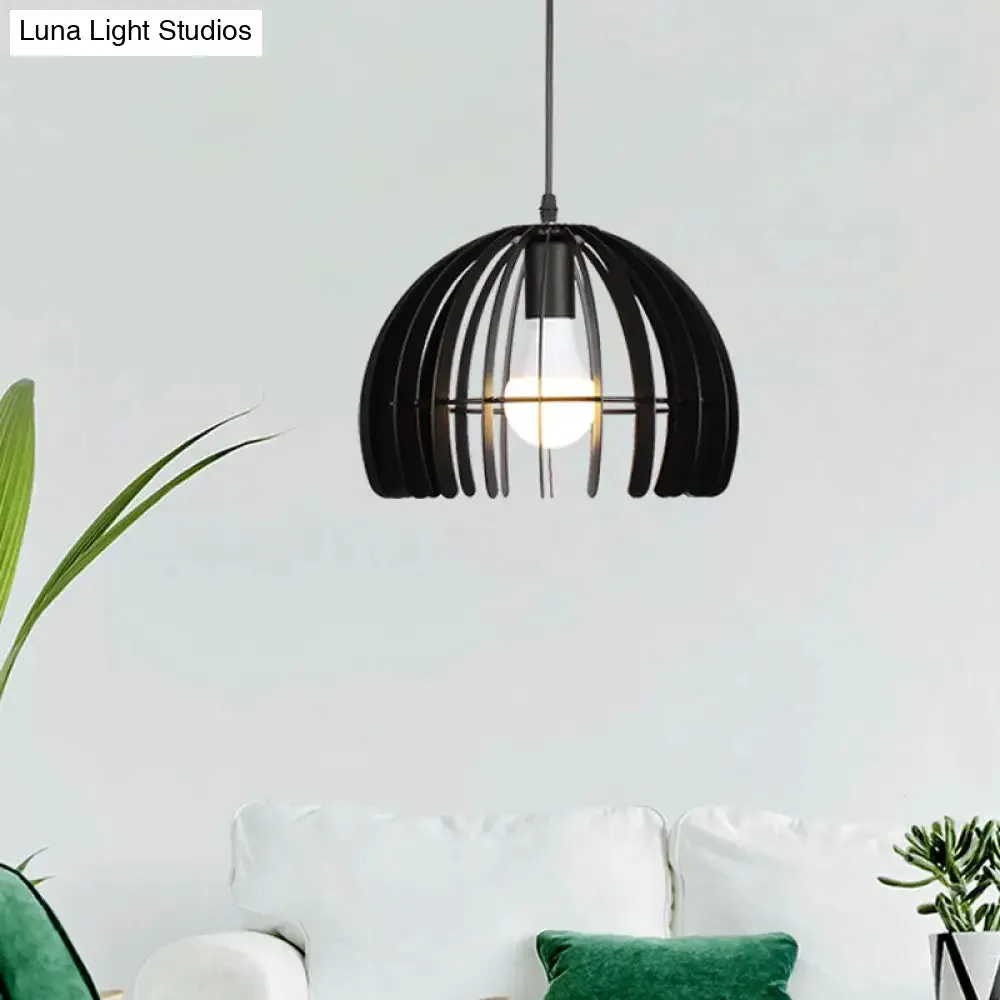 Contemporary Domed Cage Hanging Lamp Kit for Living Room - Metal Single Bulb Suspension Pendant in Black/White