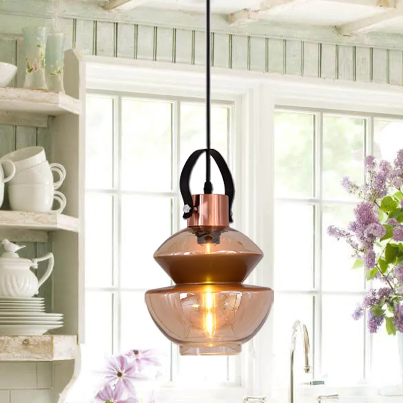 Copper Urn Pendant Light Fixture - Modern 1 Head Clear Glass Hanging Lamp - Various Widths available