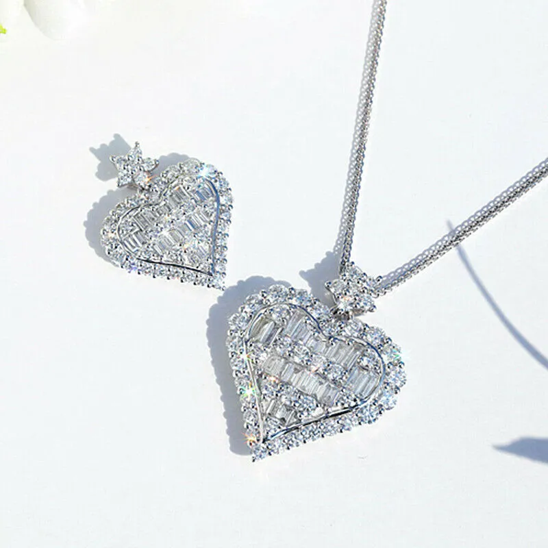 Created White Sapphire Baguette Heart Luxury Pendant Necklace