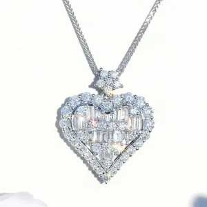 Created White Sapphire Baguette Heart Luxury Pendant Necklace