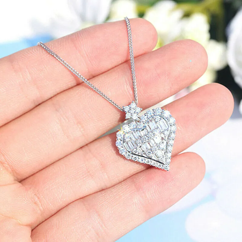 Created White Sapphire Baguette Heart Luxury Pendant Necklace