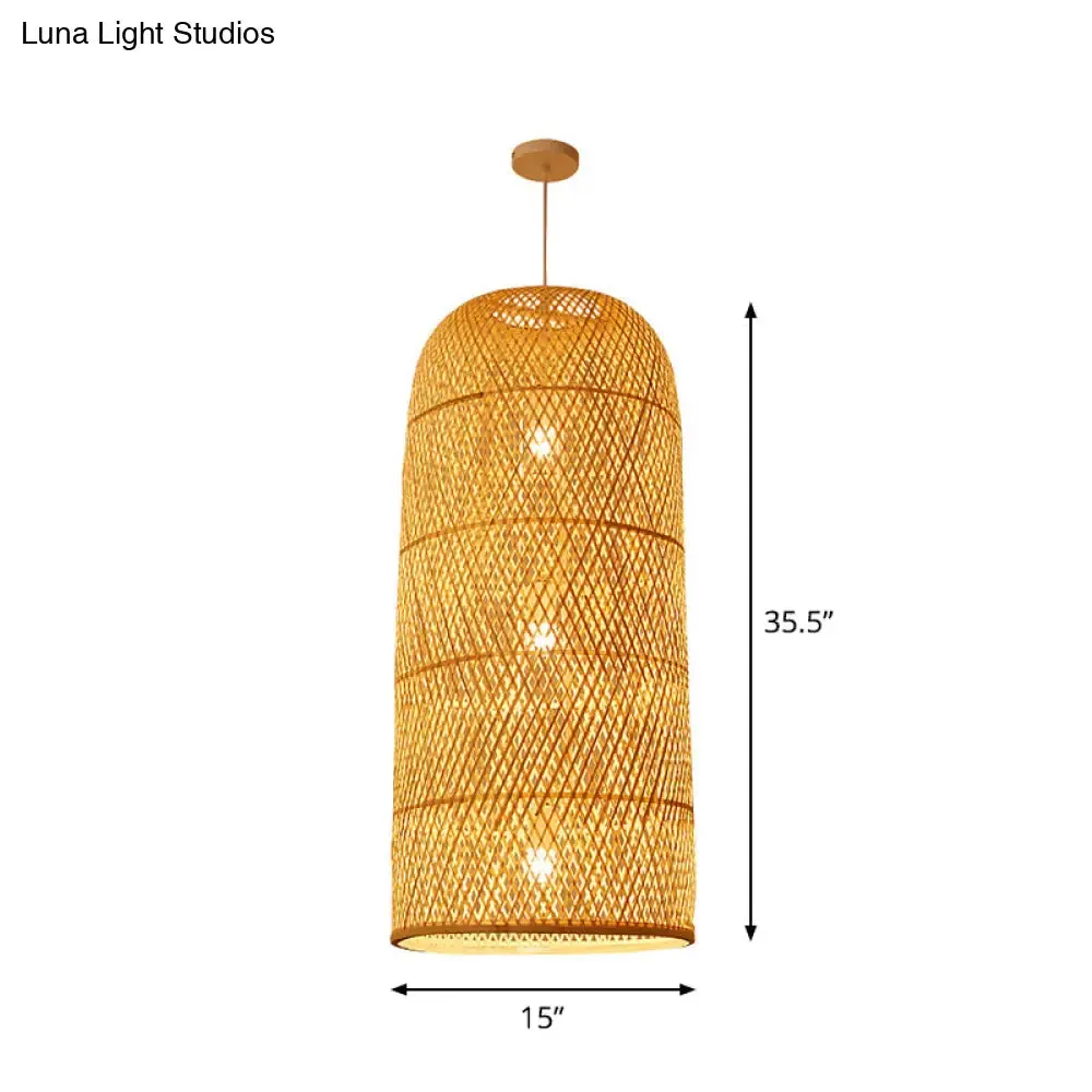 Criss-Cross Woven Bamboo Asian Pendant Lamp - Beige Color