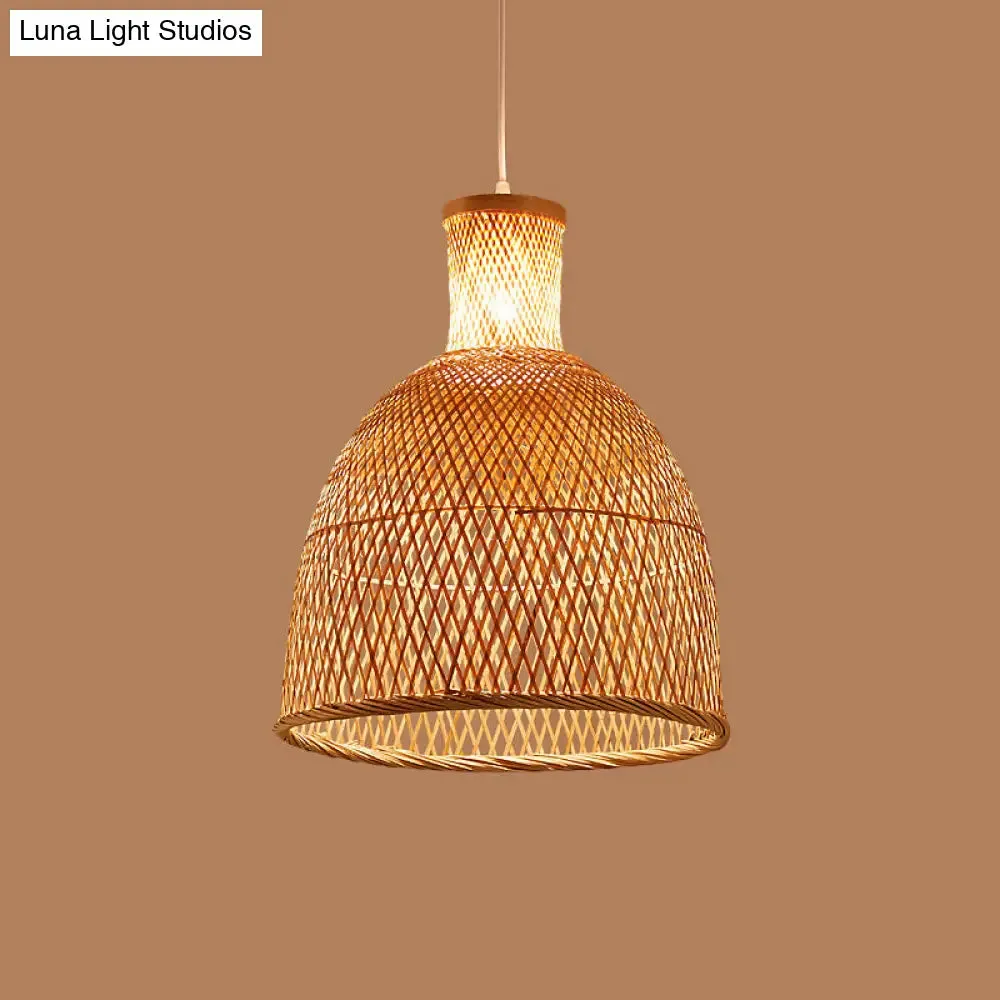 Criss-Cross Woven Bamboo Asian Pendant Lamp - Beige Color