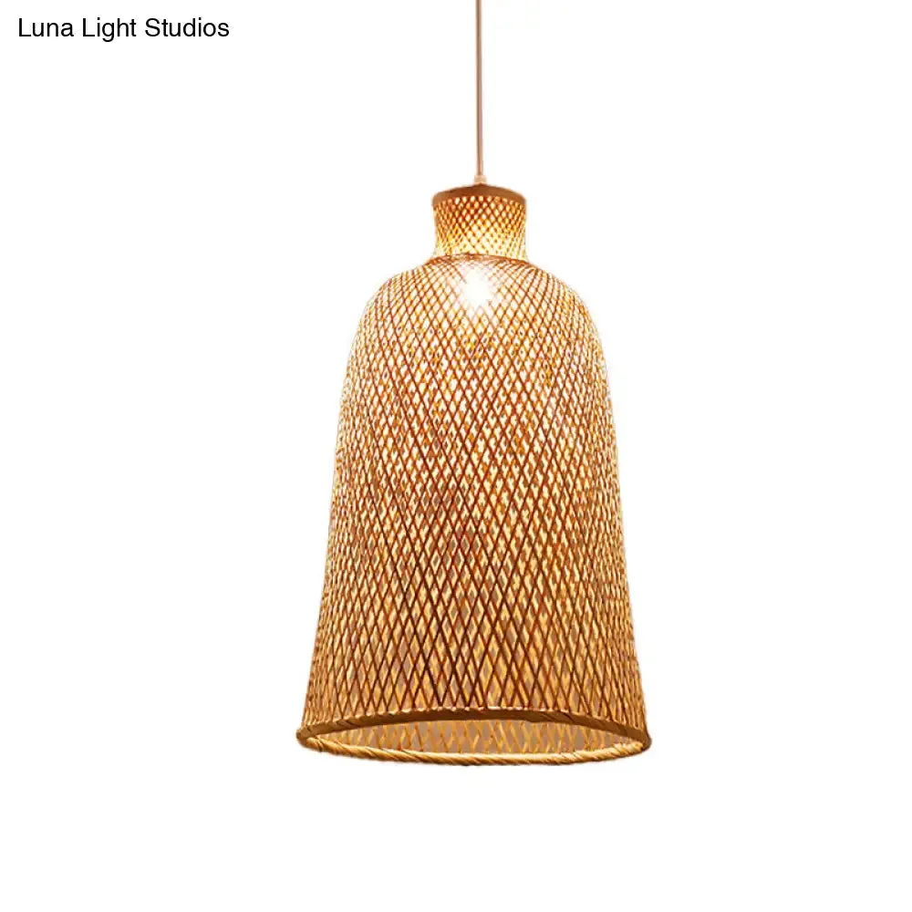 Criss-Cross Woven Bamboo Asian Pendant Lamp - Beige Color