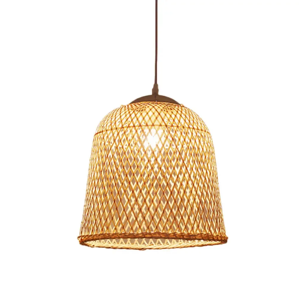 Criss-Cross Woven Bamboo Asian Pendant Lamp - Beige Color