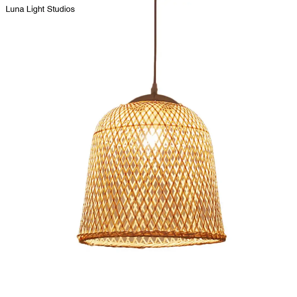 Criss-Cross Woven Bamboo Asian Pendant Lamp - Beige Color