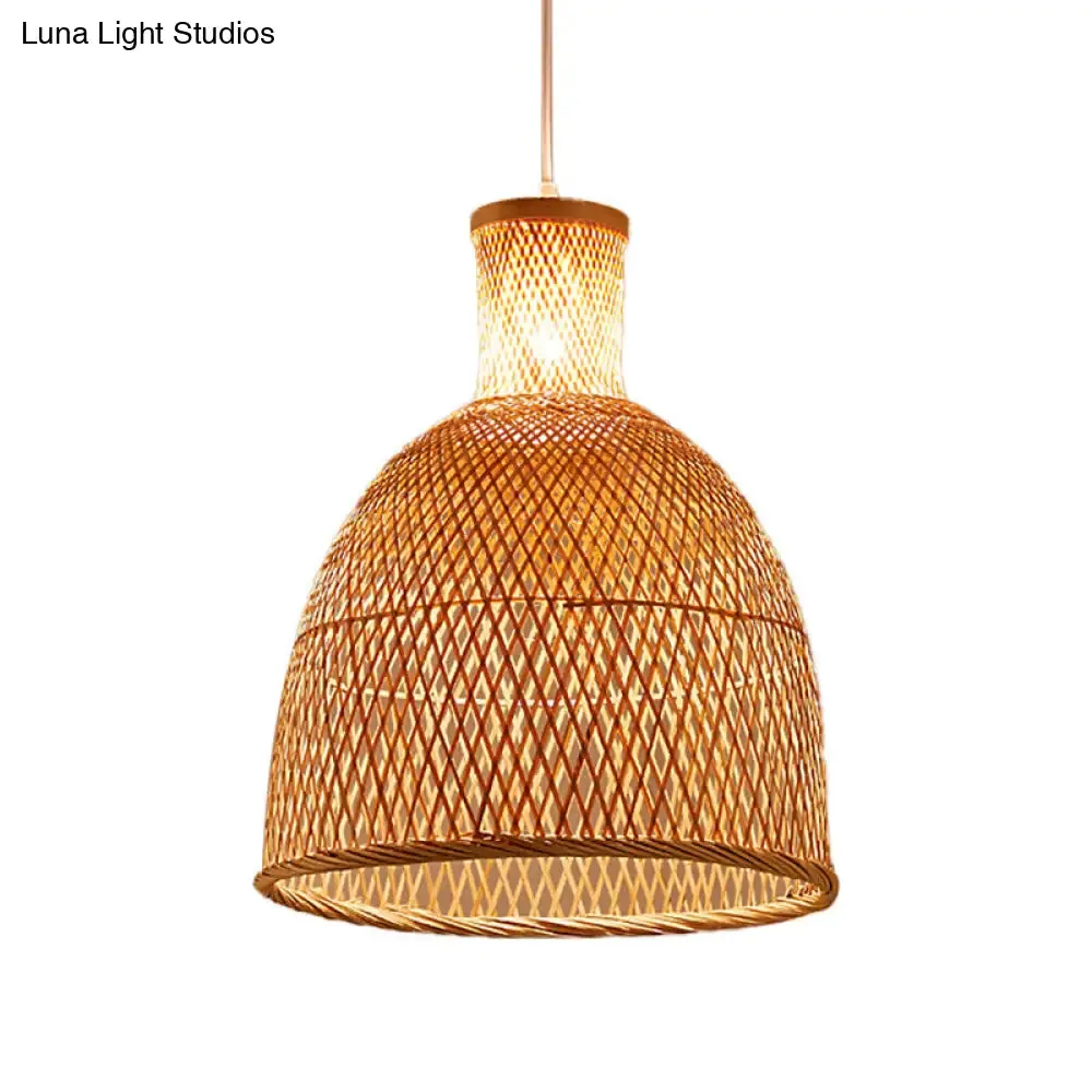 Criss-Cross Woven Bamboo Asian Pendant Lamp - Beige Color