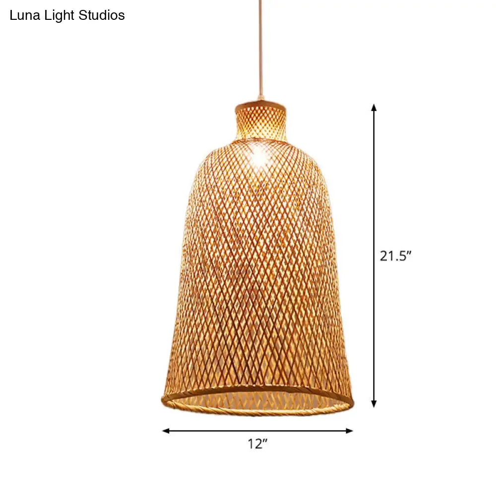 Criss-Cross Woven Bamboo Asian Pendant Lamp - Beige Color