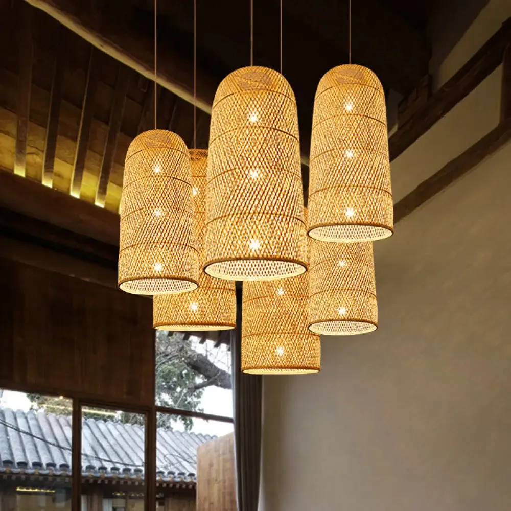 Criss-Cross Woven Bamboo Asian Pendant Lamp - Beige Color