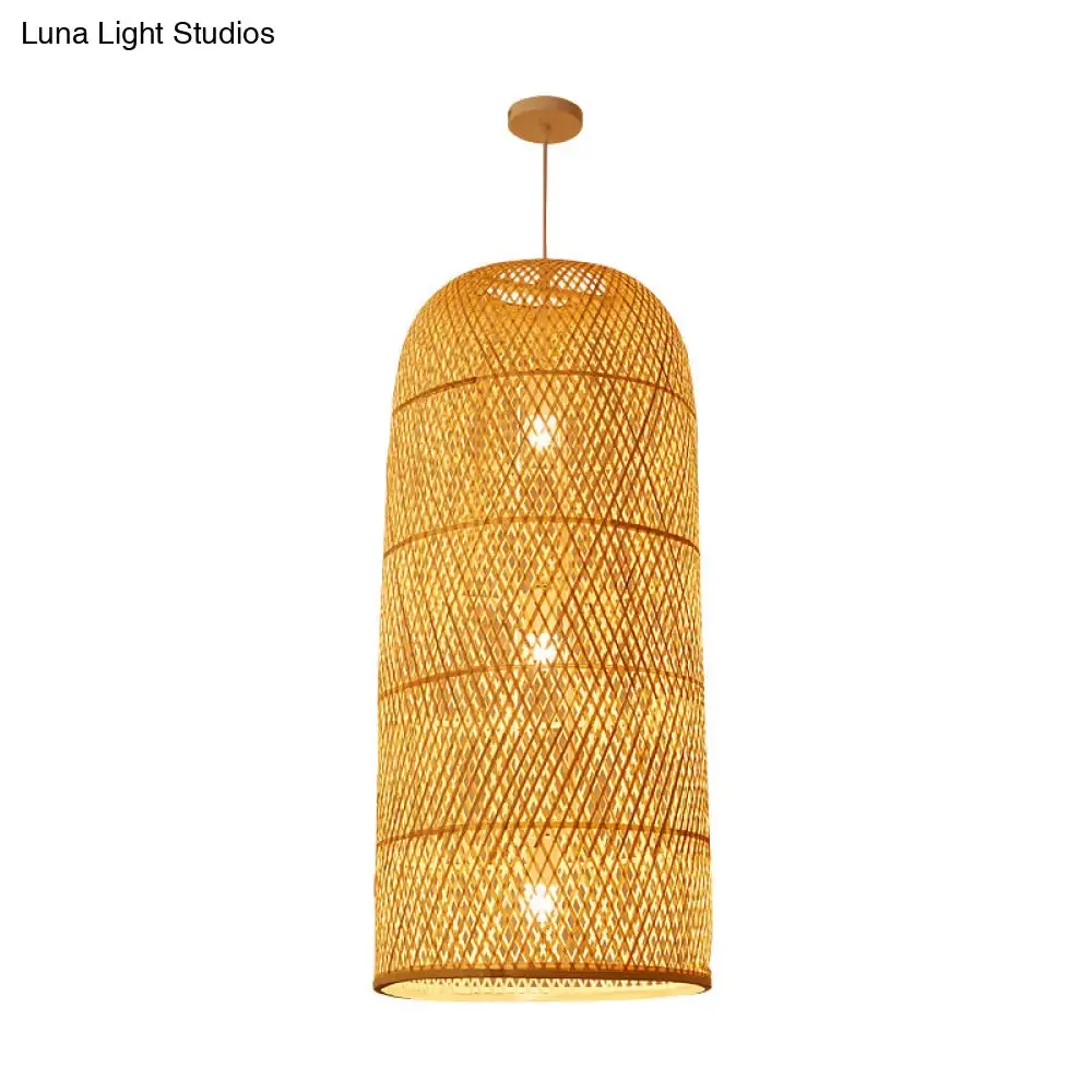 Criss-Cross Woven Bamboo Asian Pendant Lamp - Beige Color