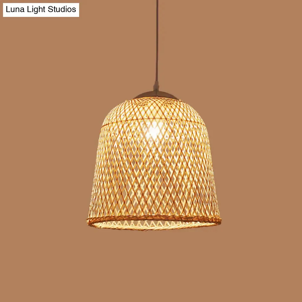 Criss-Cross Woven Bamboo Asian Pendant Lamp - Beige Color