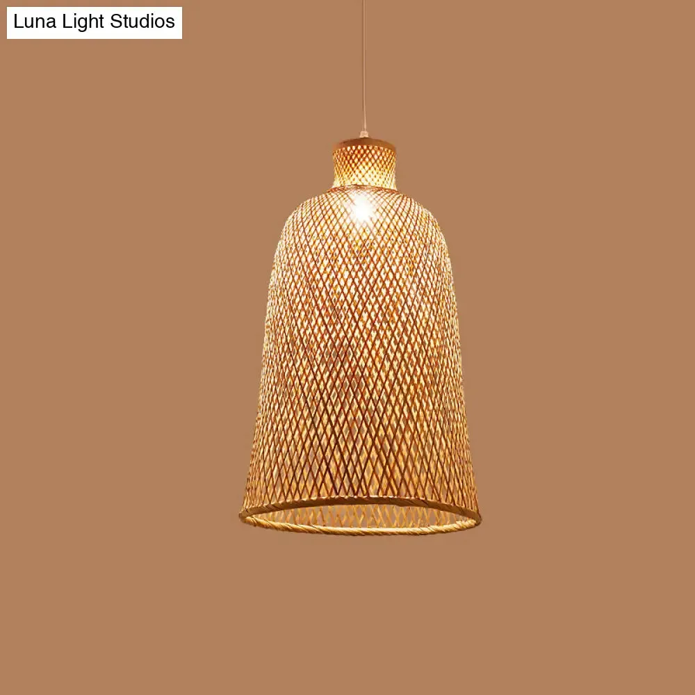 Criss-Cross Woven Bamboo Asian Pendant Lamp - Beige Color