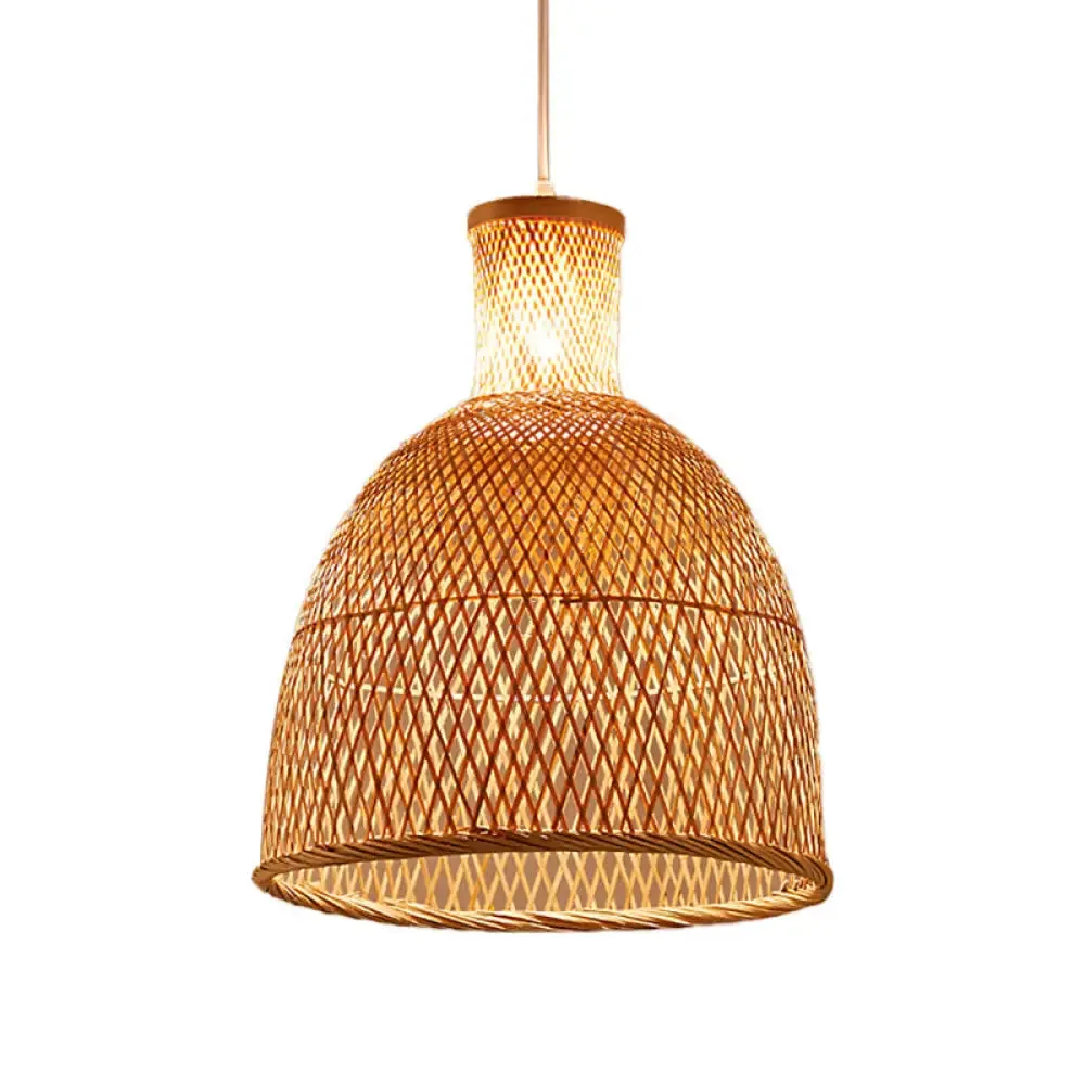 Criss-Cross Woven Bamboo Asian Pendant Lamp - Beige Color