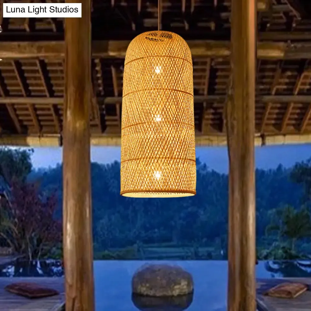 Criss-Cross Woven Bamboo Asian Pendant Lamp - Beige Color