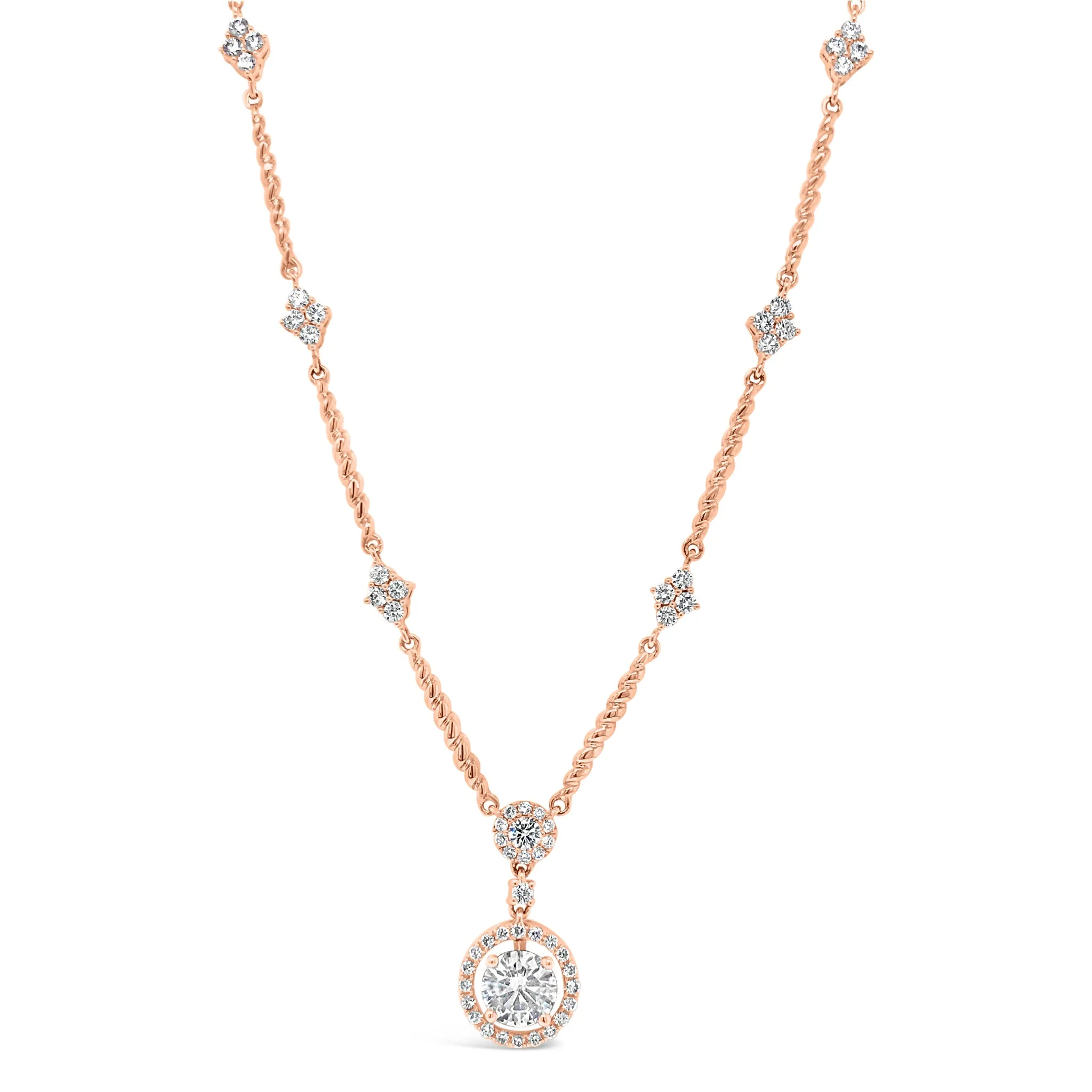 Diamond Halo Pendant Necklace with Diamond Stations