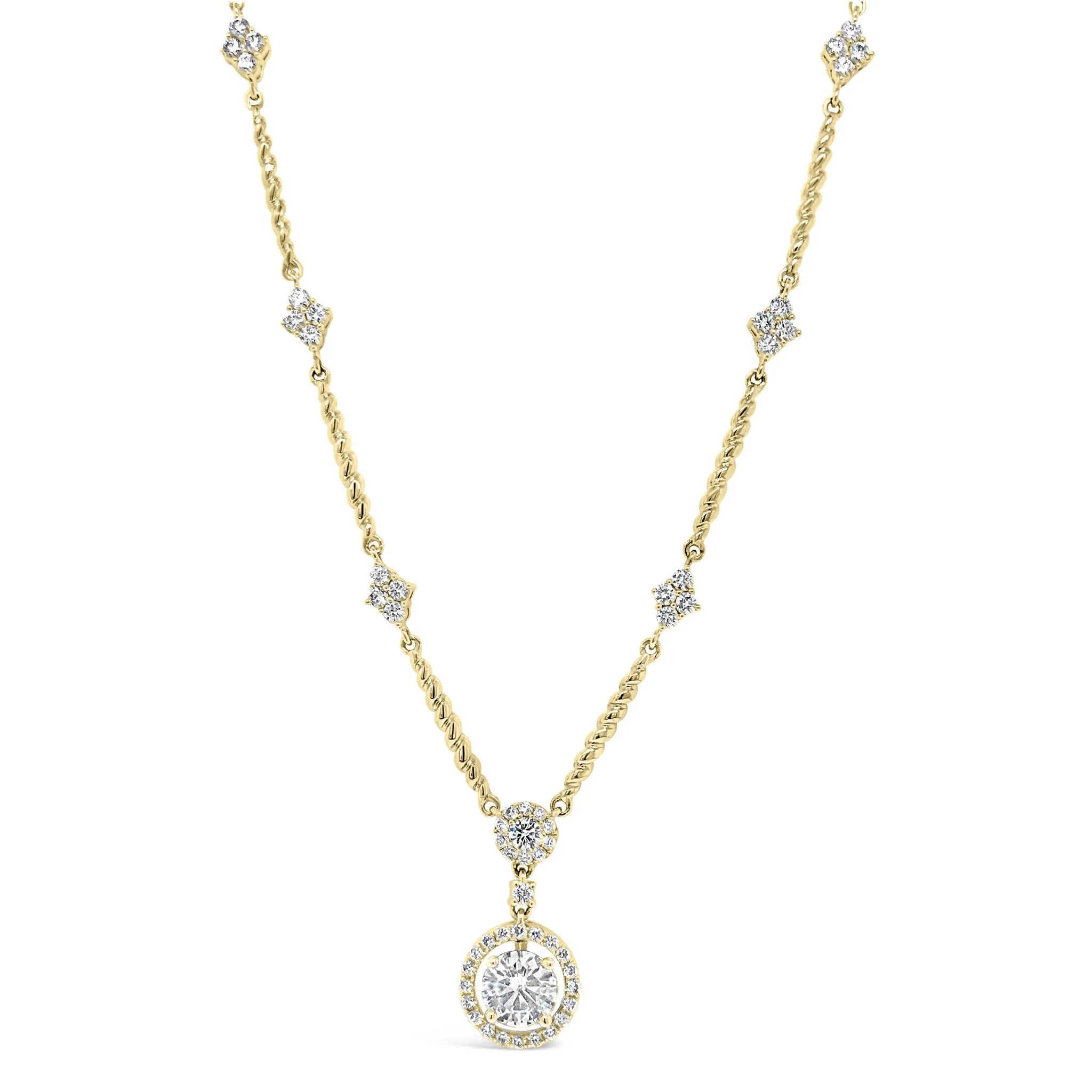 Diamond Halo Pendant Necklace with Diamond Stations