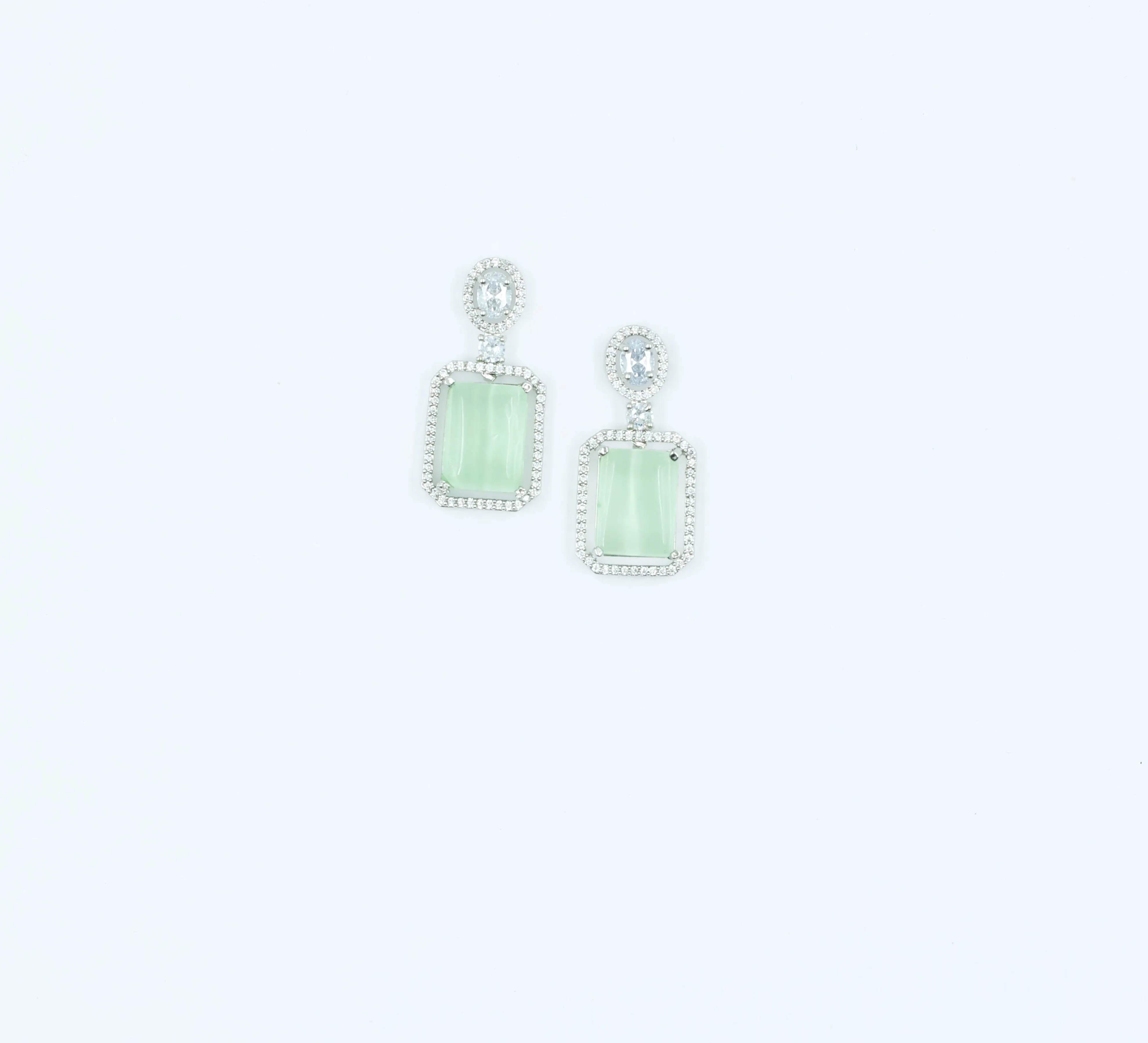 Earrings with Doublet Potta Stones and CZ Accents in White Rhodium