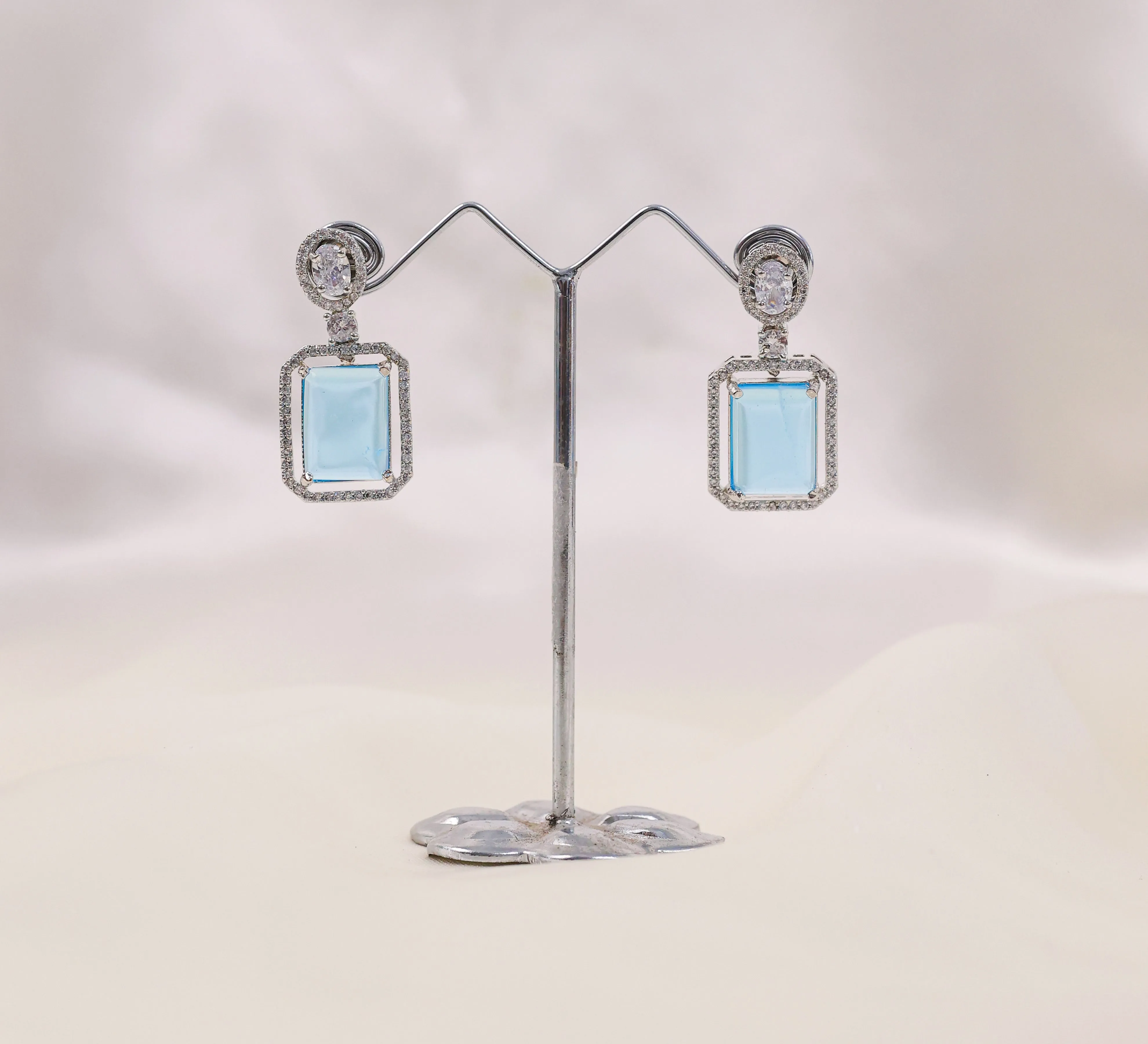 Earrings with Doublet Potta Stones and CZ Accents in White Rhodium