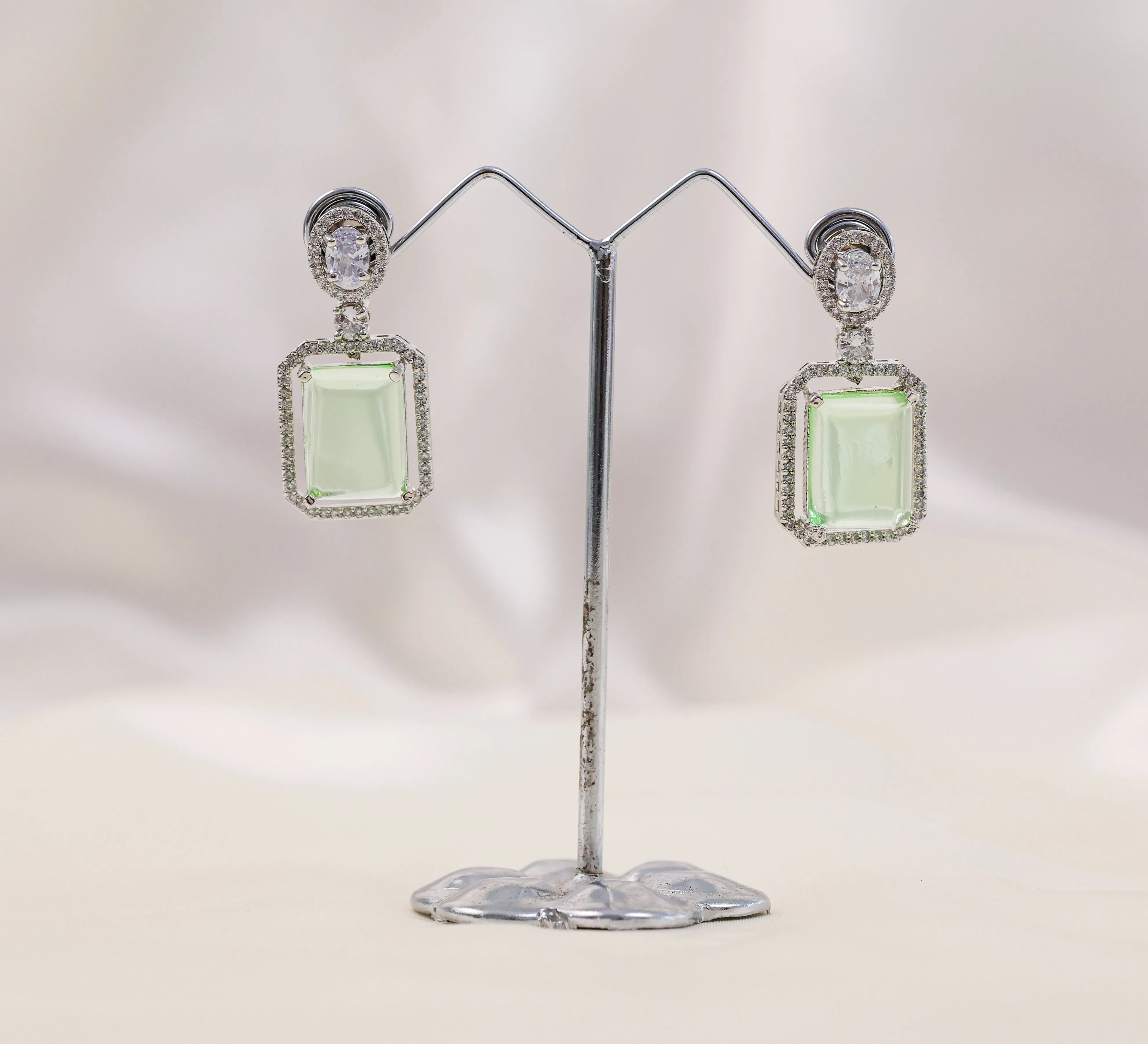 Earrings with Doublet Potta Stones and CZ Accents in White Rhodium