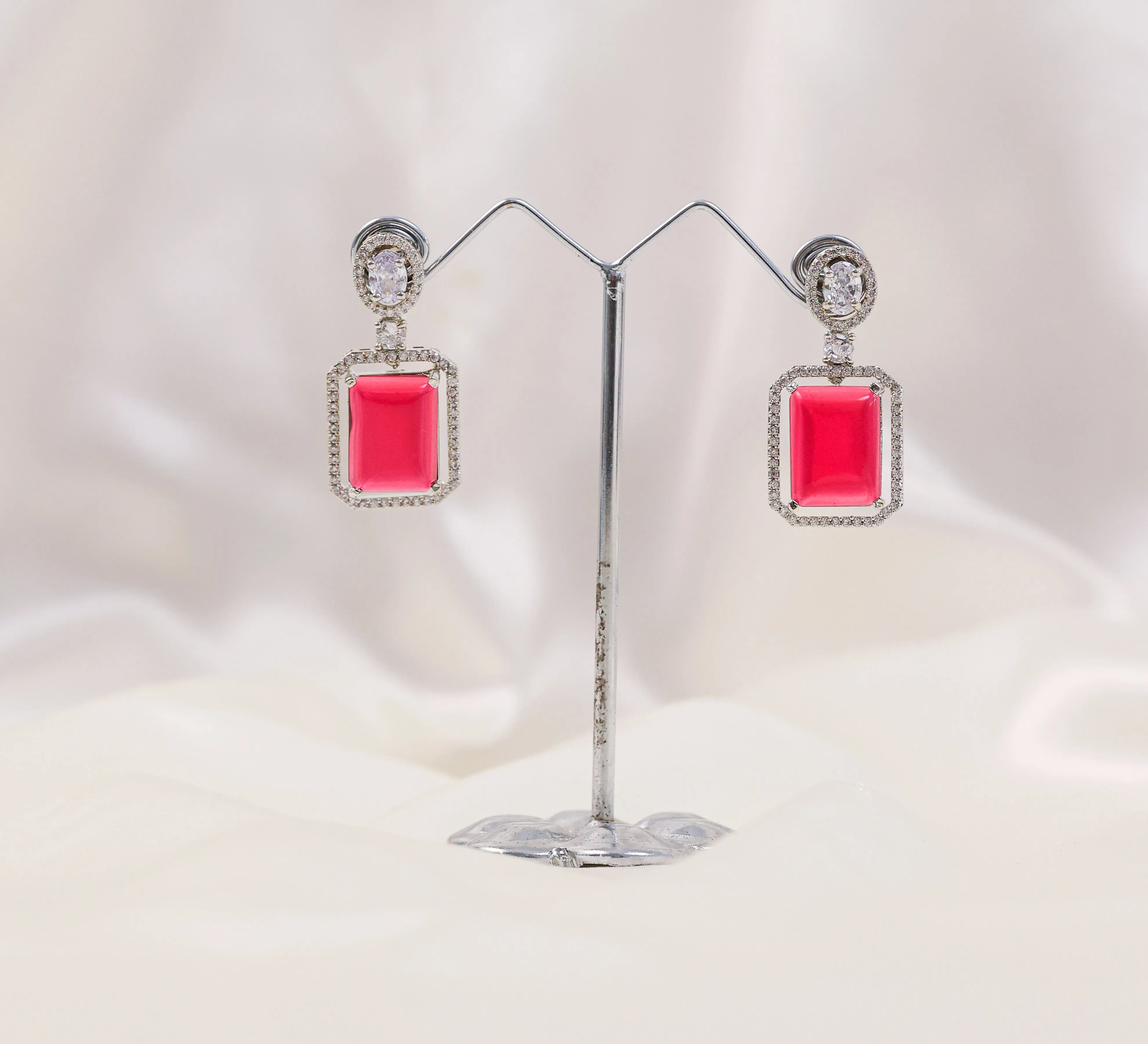 Earrings with Doublet Potta Stones and CZ Accents in White Rhodium