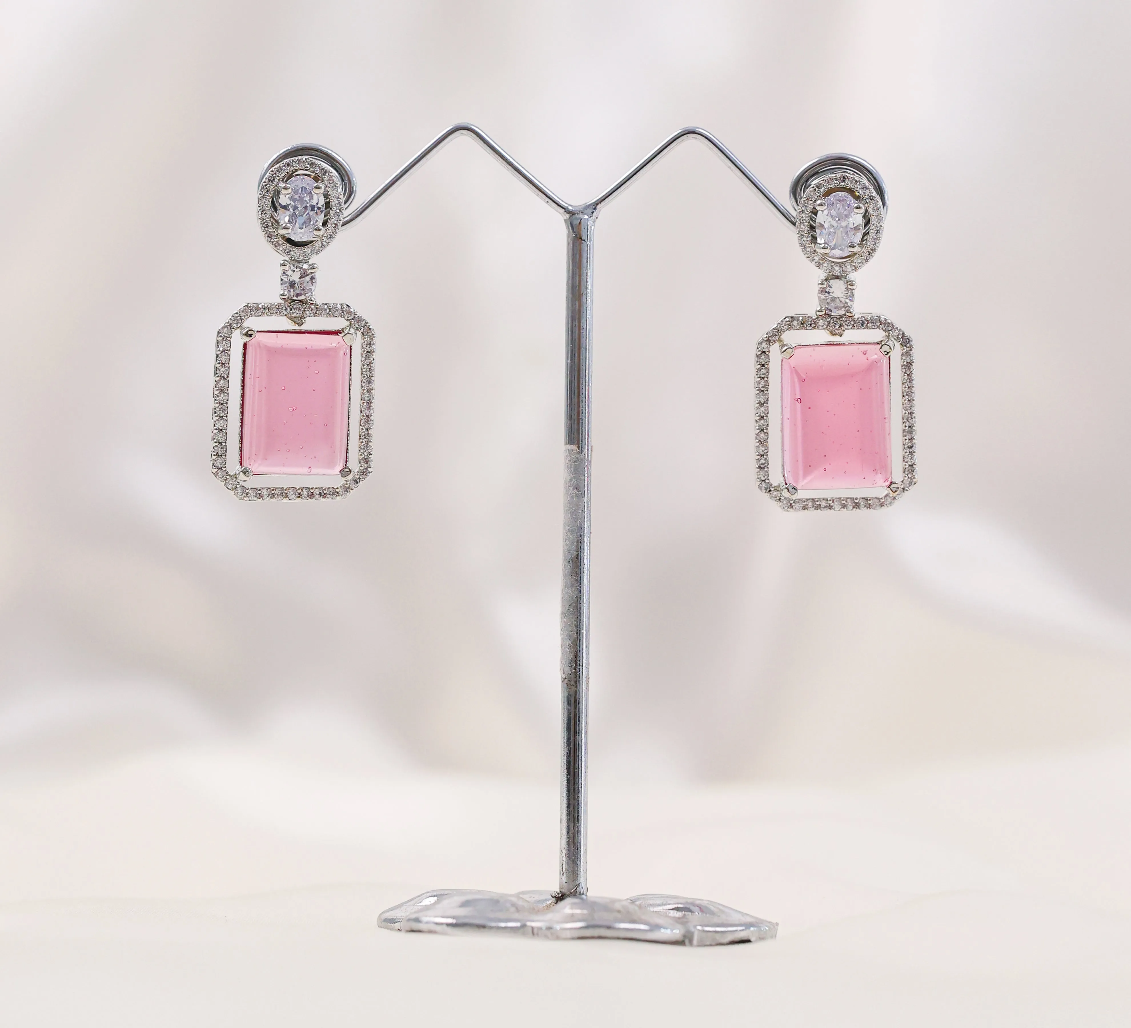 Earrings with Doublet Potta Stones and CZ Accents in White Rhodium