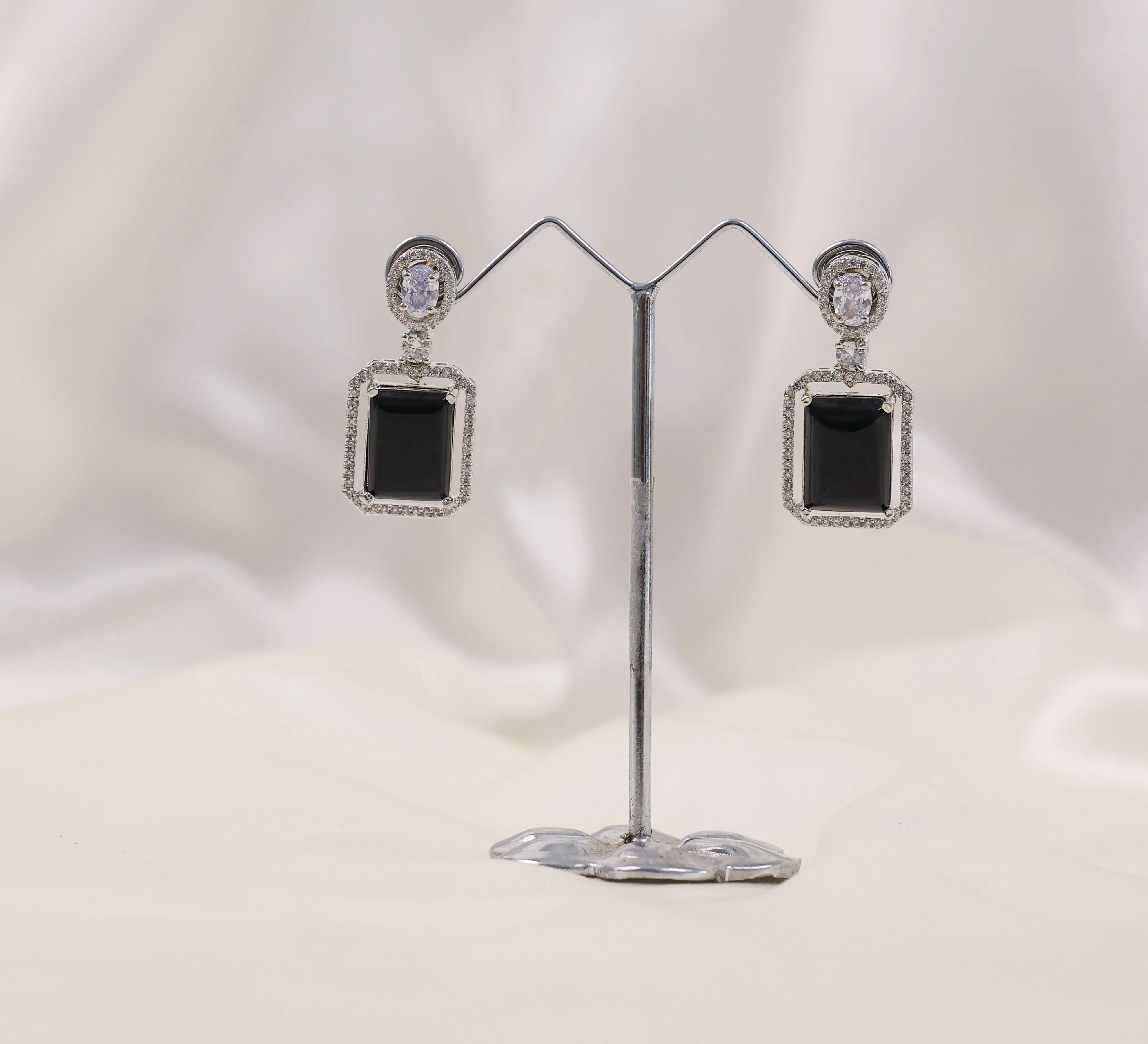 Earrings with Doublet Potta Stones and CZ Accents in White Rhodium