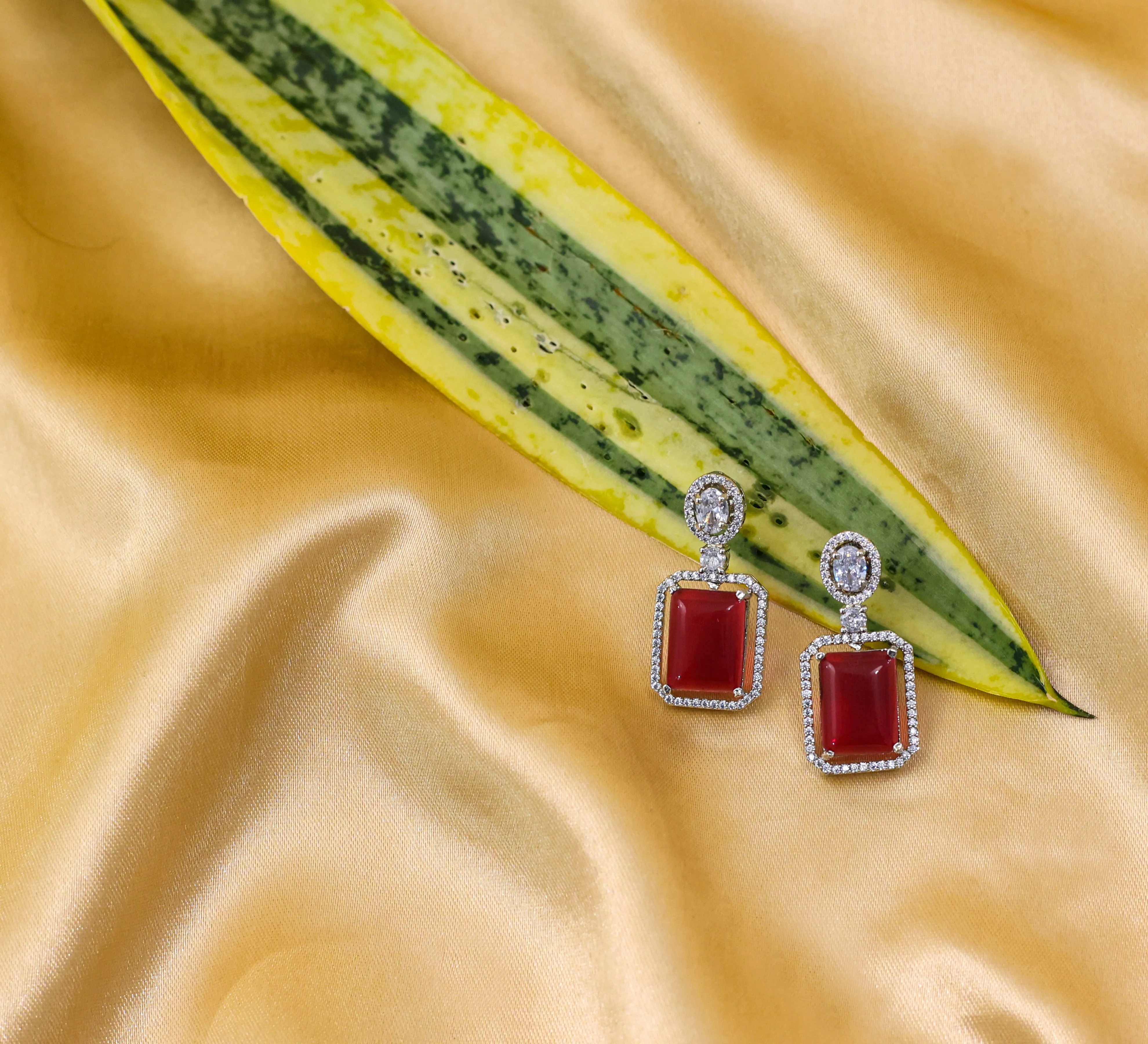 Earrings with Doublet Potta Stones and CZ Accents in White Rhodium