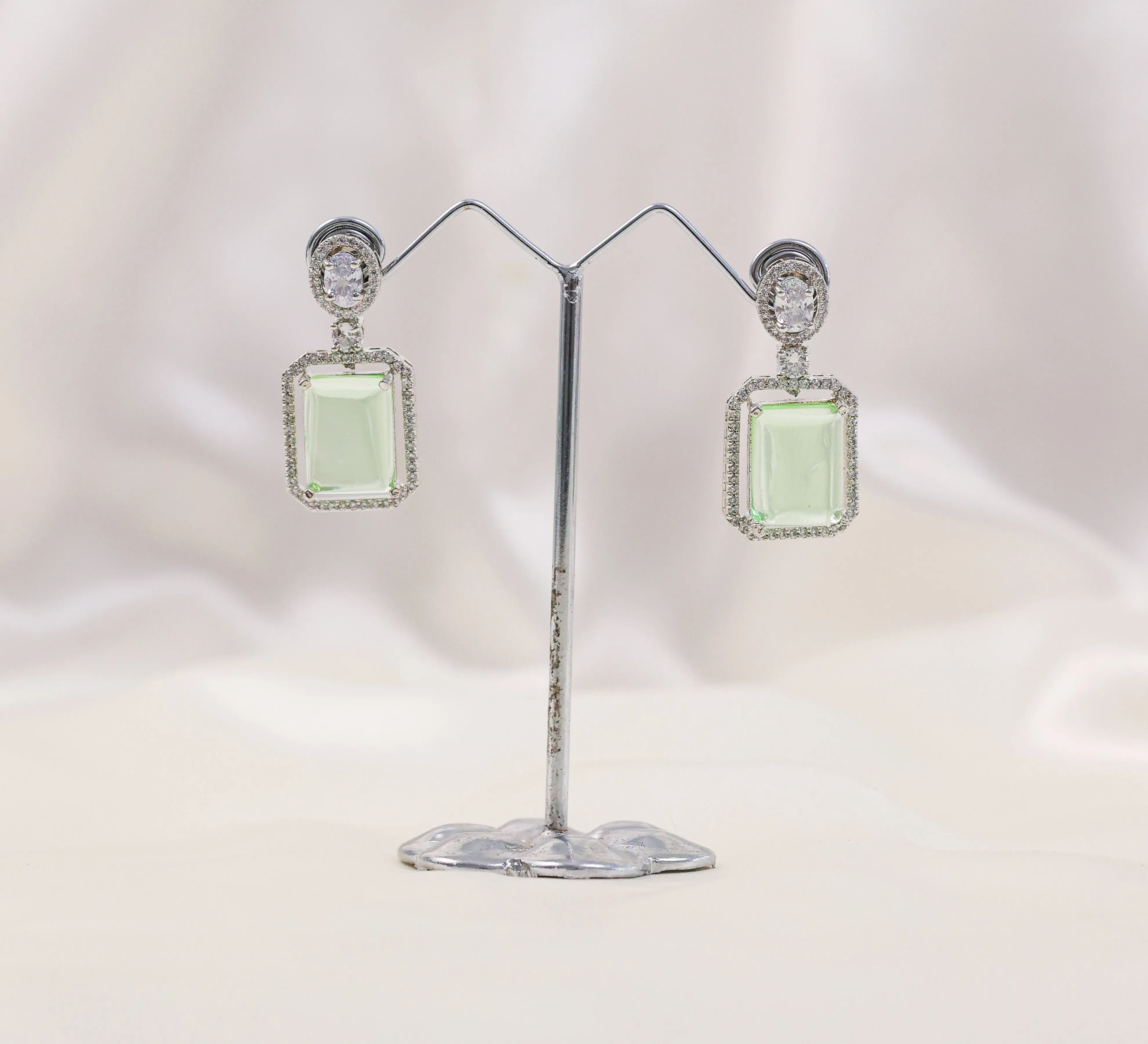 Earrings with Doublet Potta Stones and CZ Accents in White Rhodium