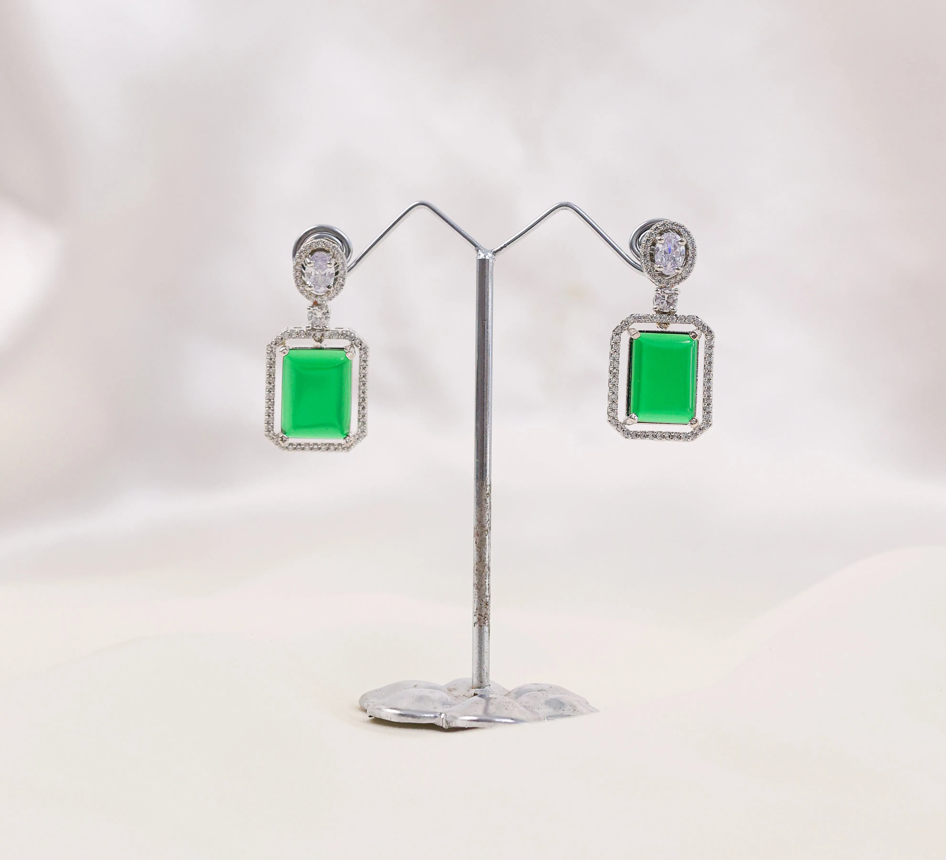 Earrings with Doublet Potta Stones and CZ Accents in White Rhodium