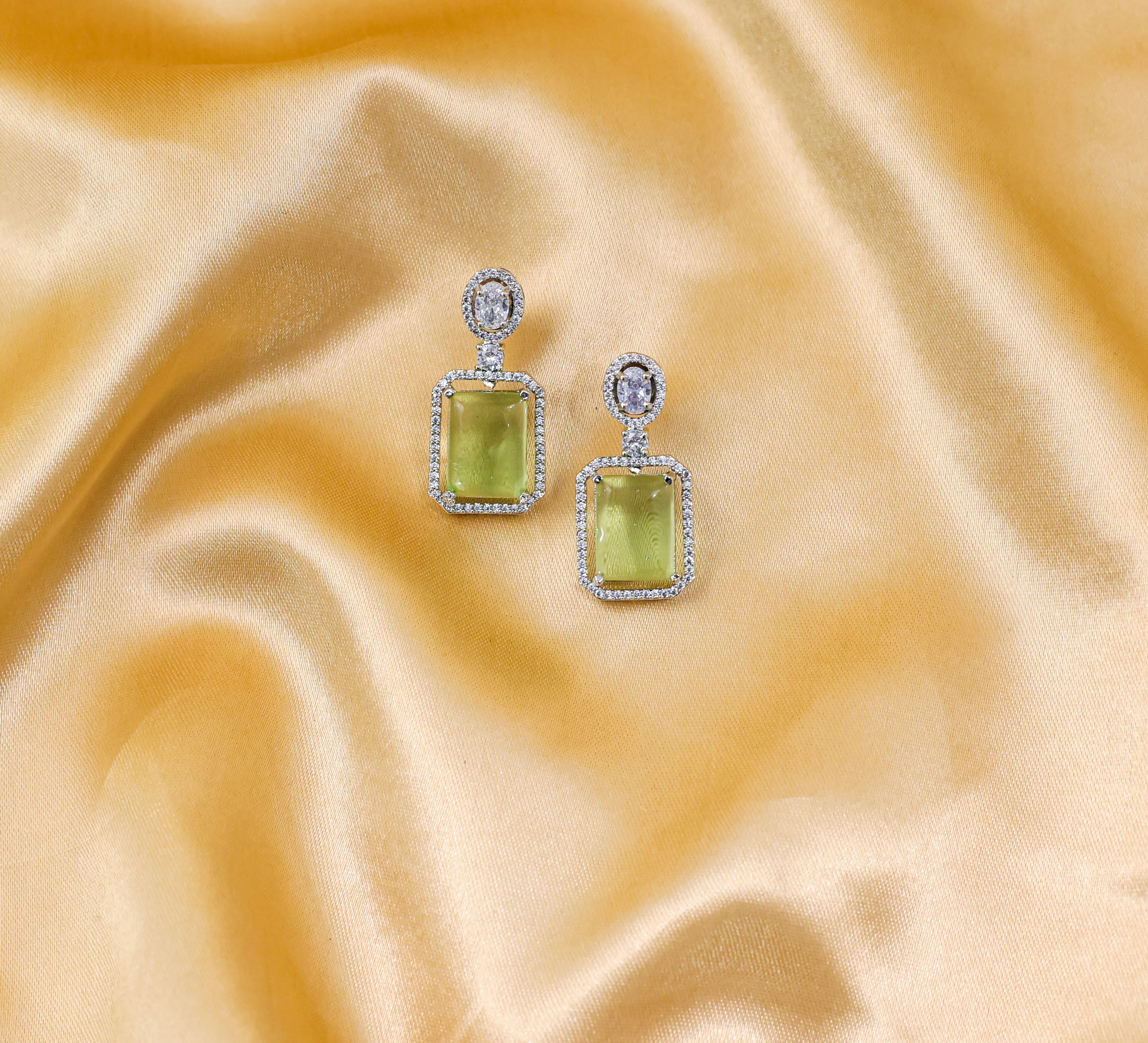 Earrings with Doublet Potta Stones and CZ Accents in White Rhodium