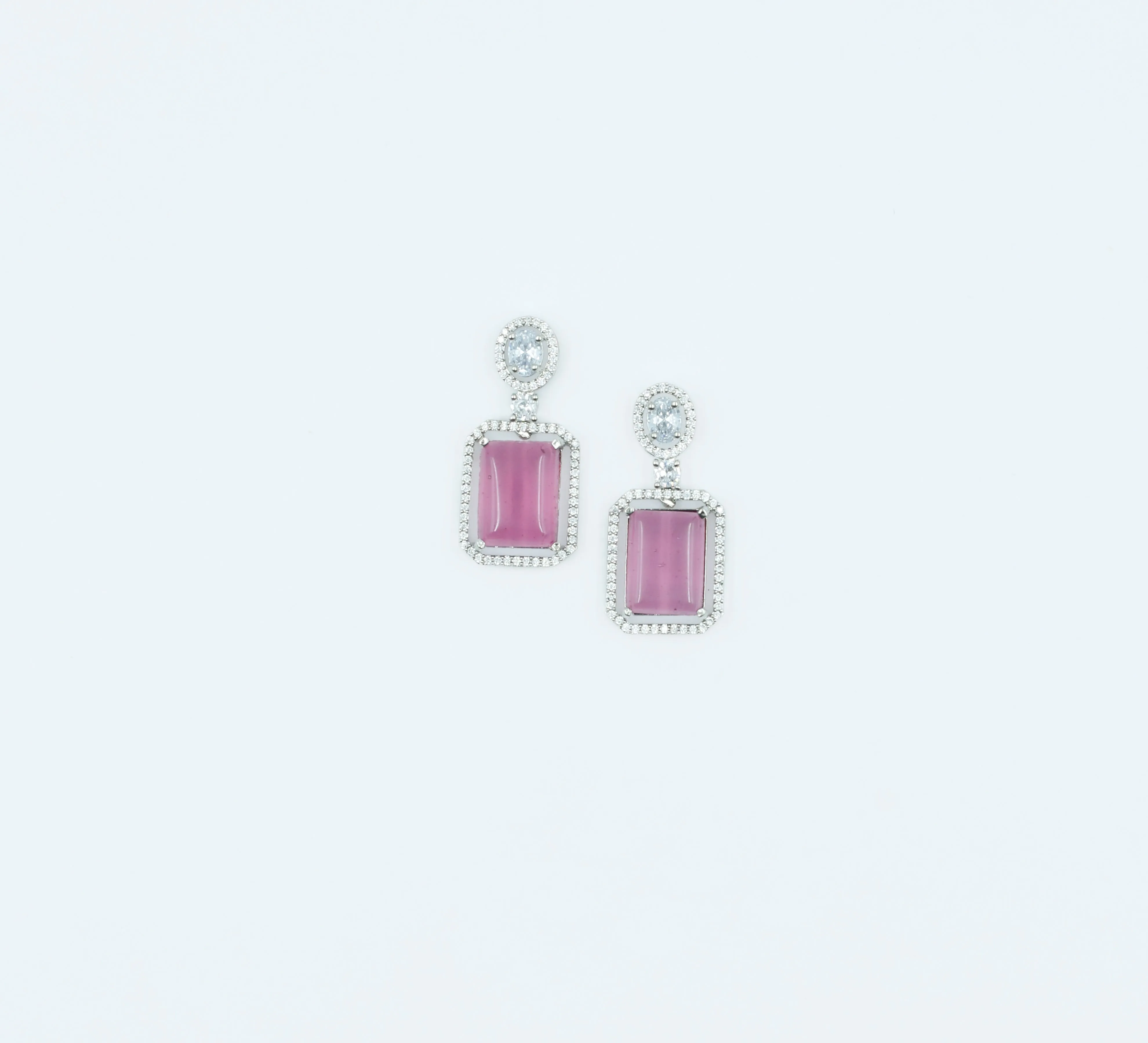 Earrings with Doublet Potta Stones and CZ Accents in White Rhodium