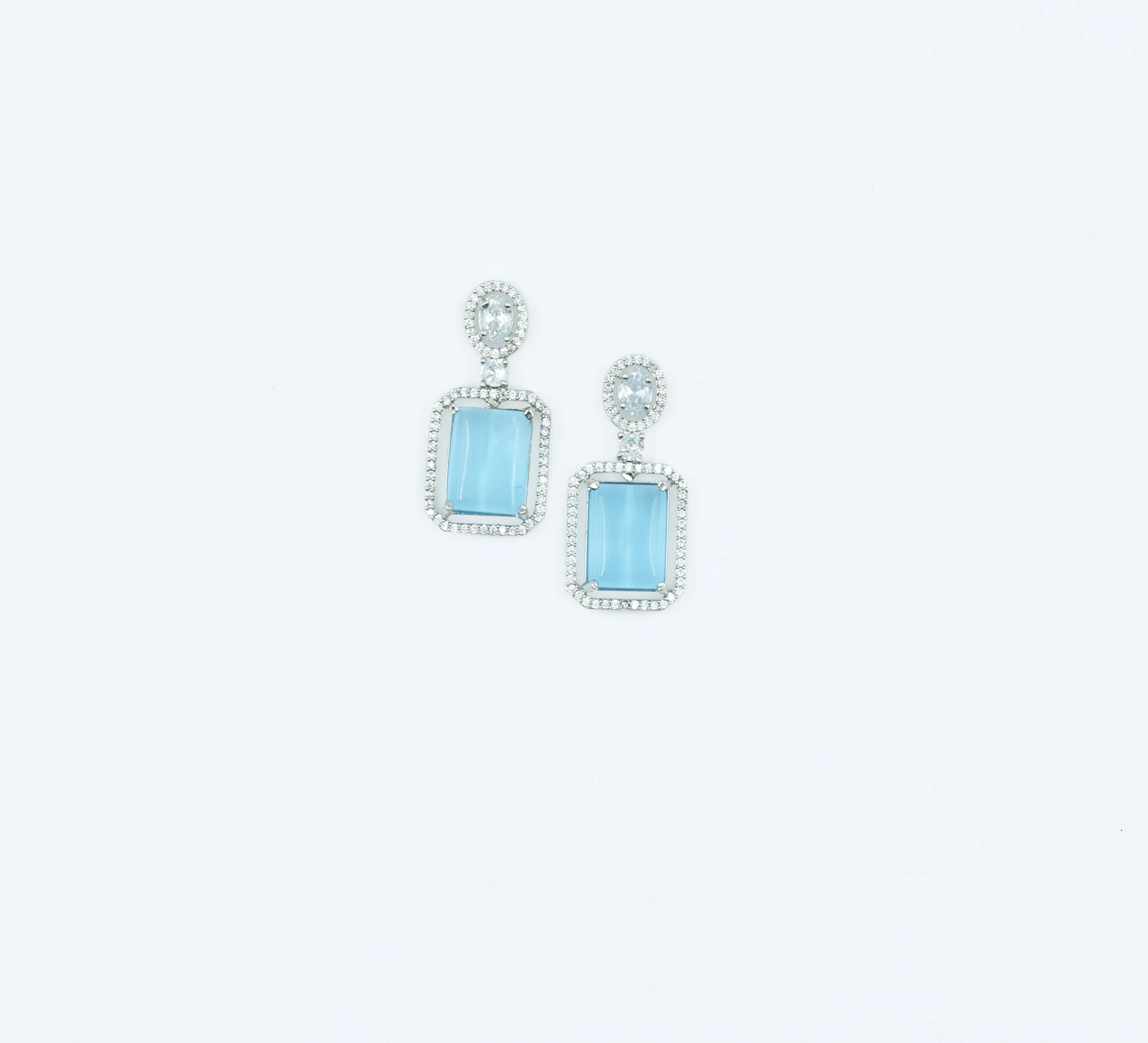 Earrings with Doublet Potta Stones and CZ Accents in White Rhodium