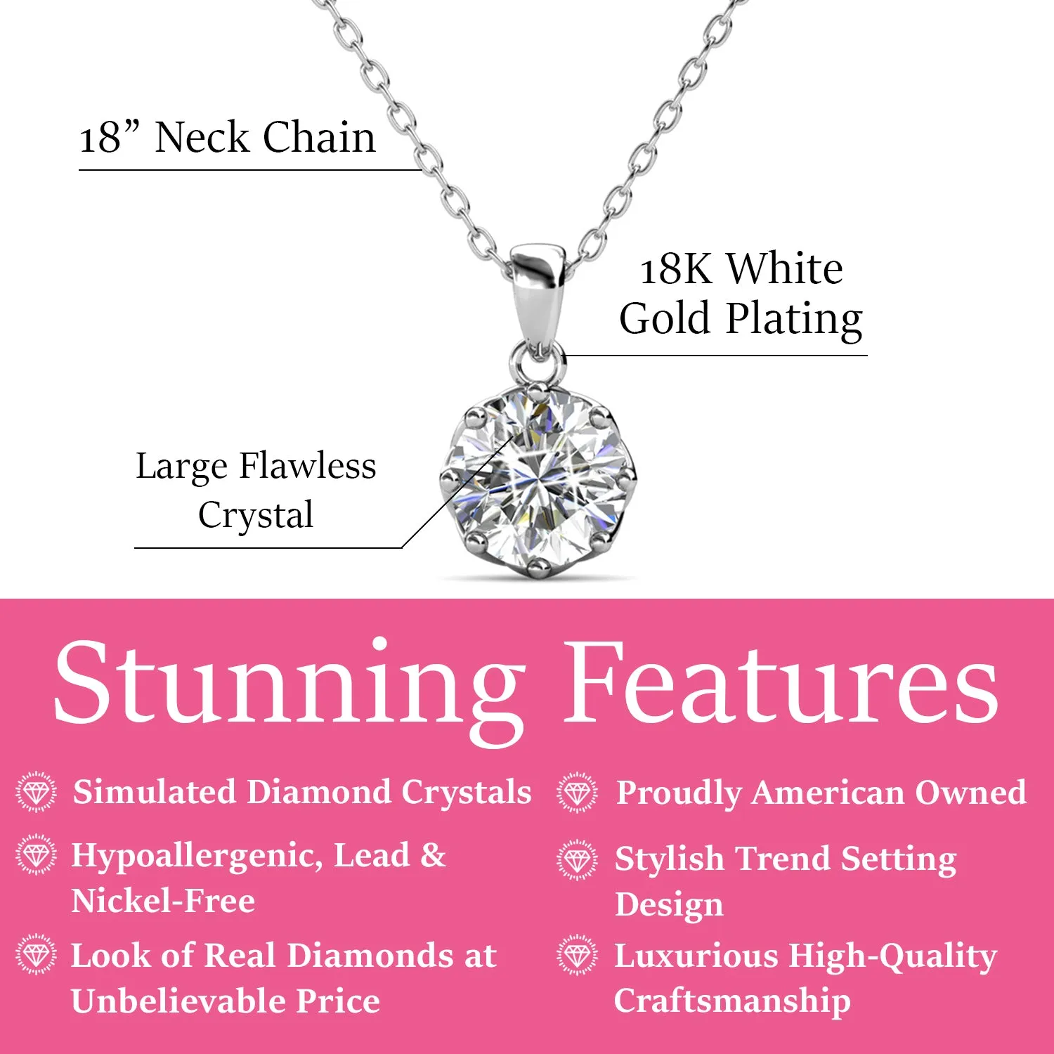 Eden "Pure" 18k White Gold Plated Pendant Necklace with Solitaire Round Cut Swarovski Crystal