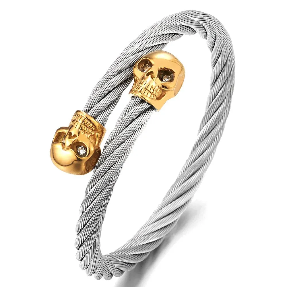 Elastic Adjustable Mens Skull Bangle Bracelet Steel Cuff Bracelet