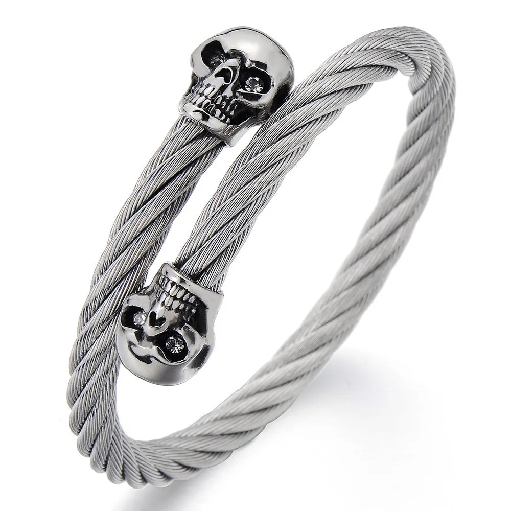 Elastic Adjustable Mens Skull Bangle Bracelet Steel Cuff Bracelet