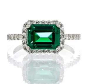 Emerald Cubic Zirconia Halo Engagement Ring In Sterling Silver