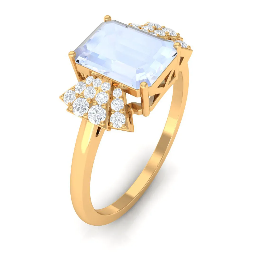 Emerald Cut Moonstone Designer Solitaire Ring with Diamond