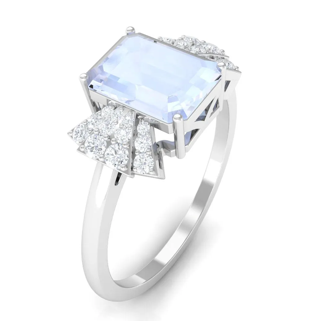 Emerald Cut Moonstone Designer Solitaire Ring with Diamond