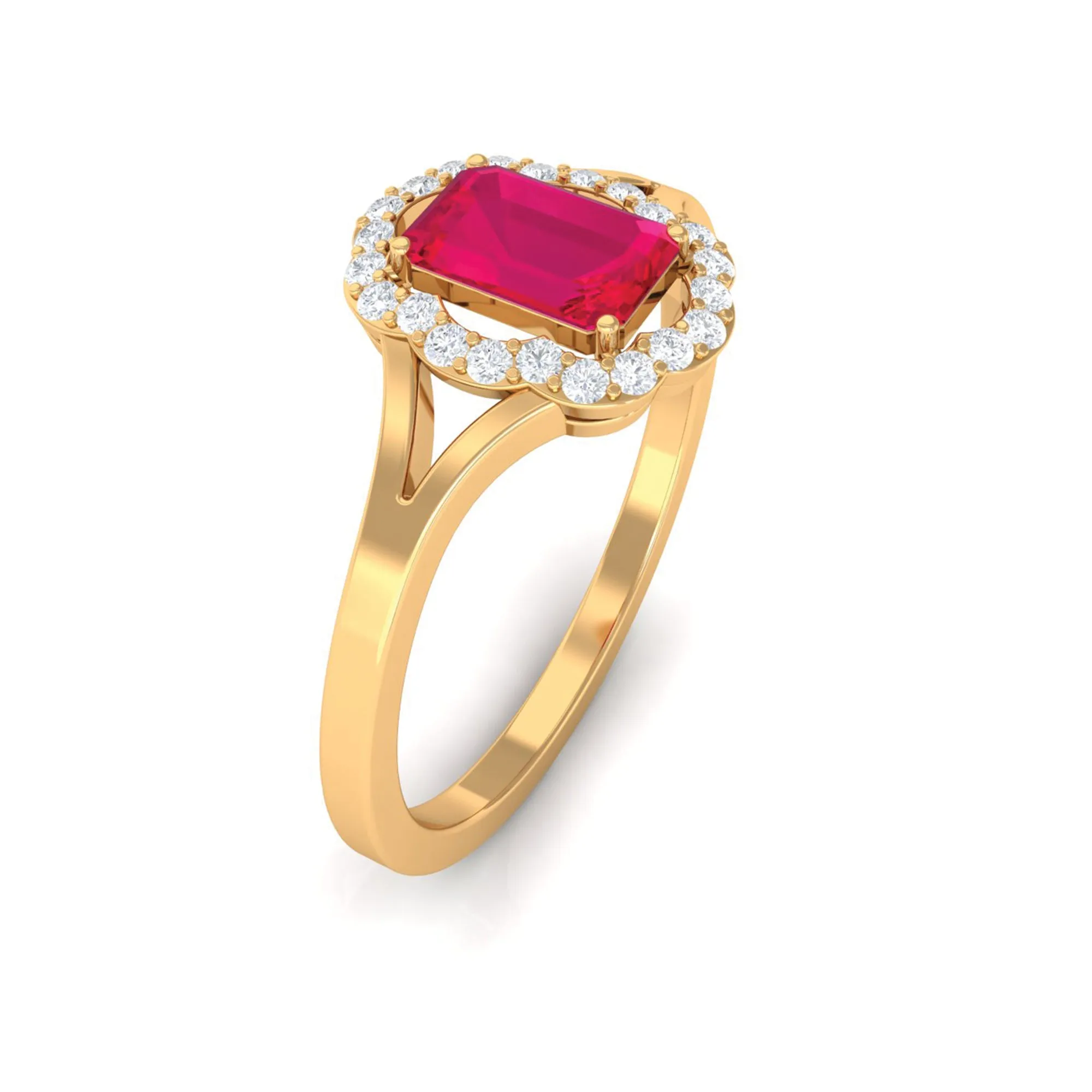 Emerald Cut Ruby and Diamond Floral Halo Ring with Split Shank