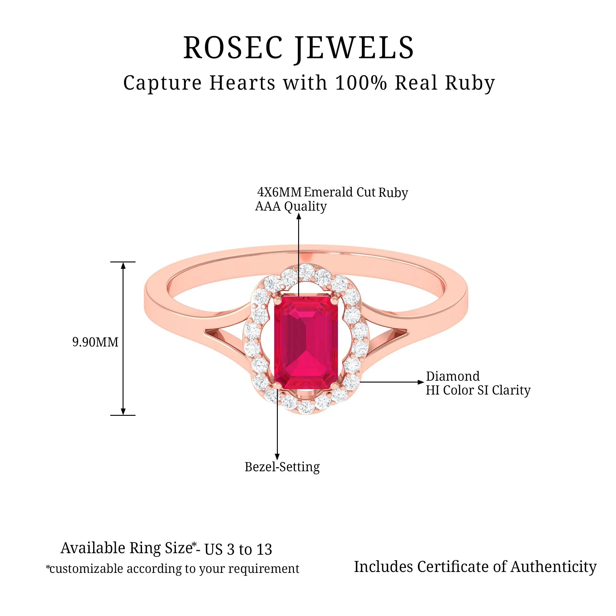 Emerald Cut Ruby and Diamond Floral Halo Ring with Split Shank