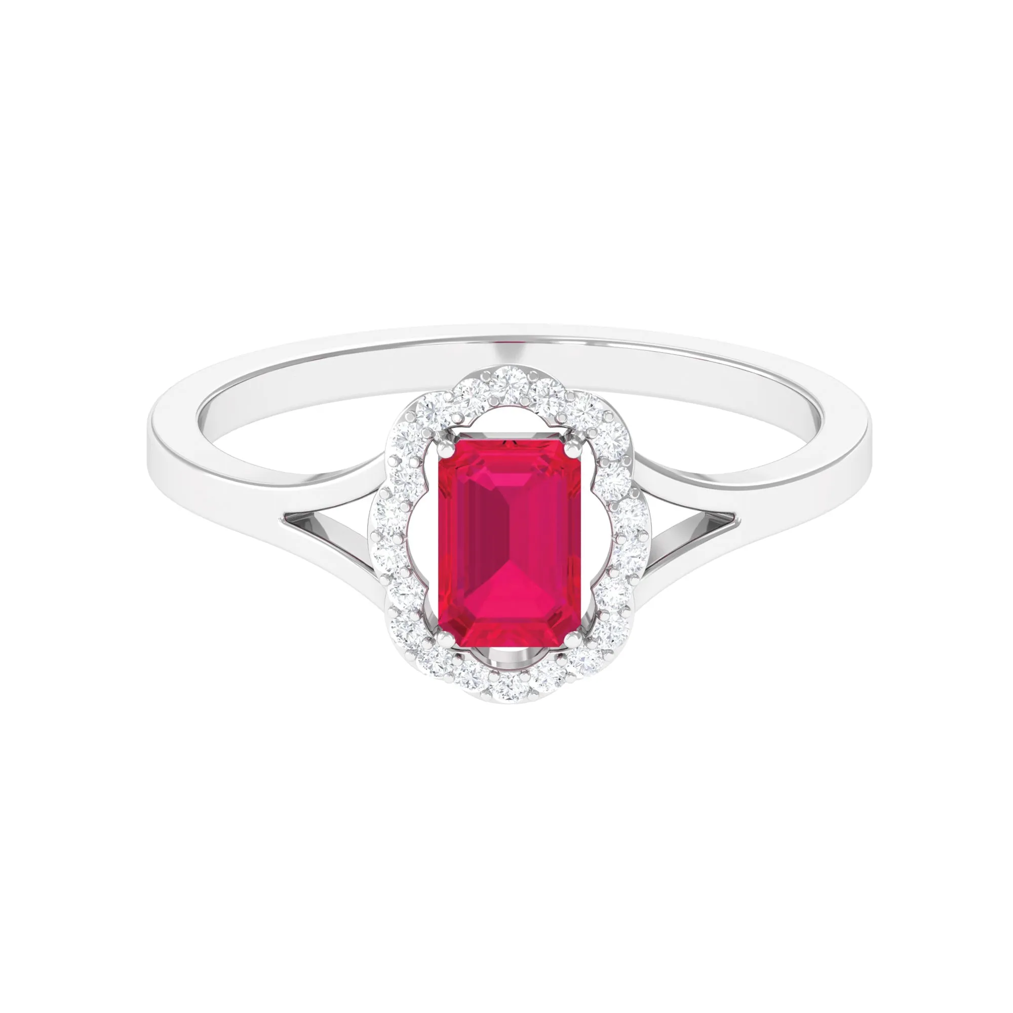 Emerald Cut Ruby and Diamond Floral Halo Ring with Split Shank