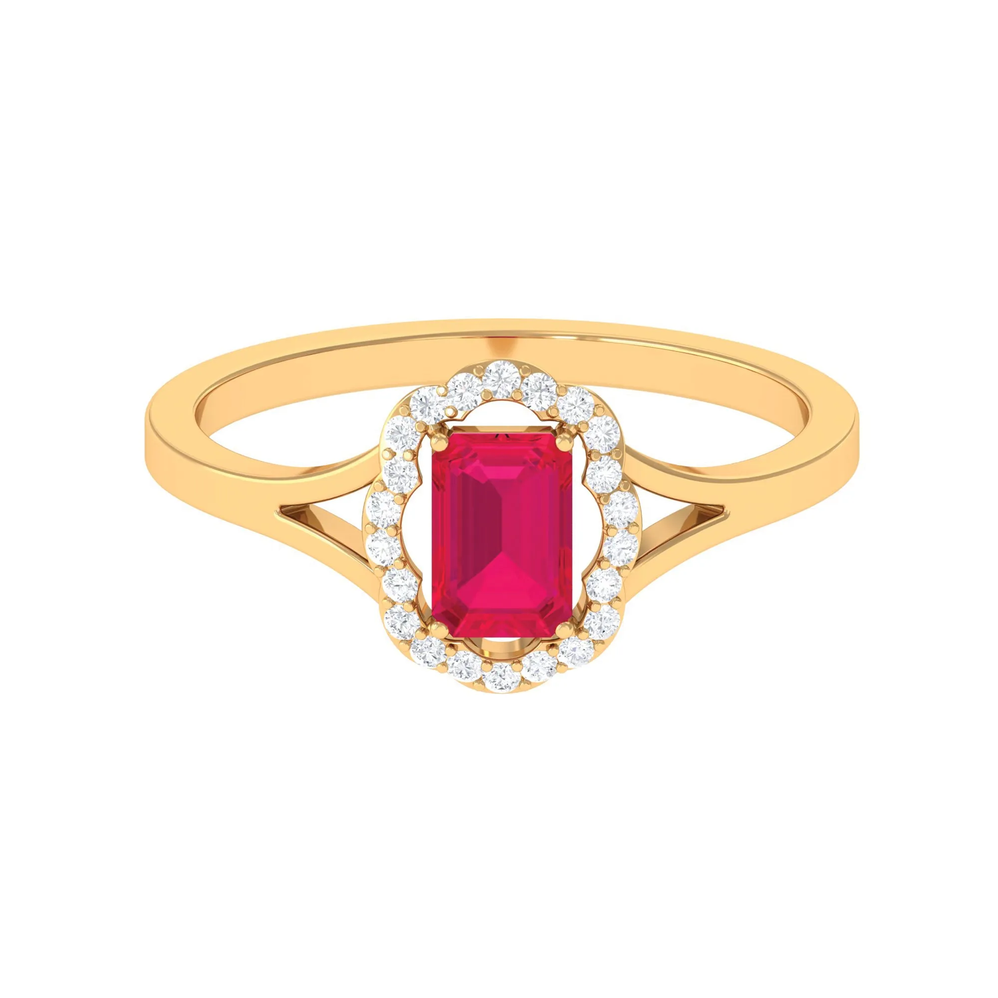 Emerald Cut Ruby and Diamond Floral Halo Ring with Split Shank