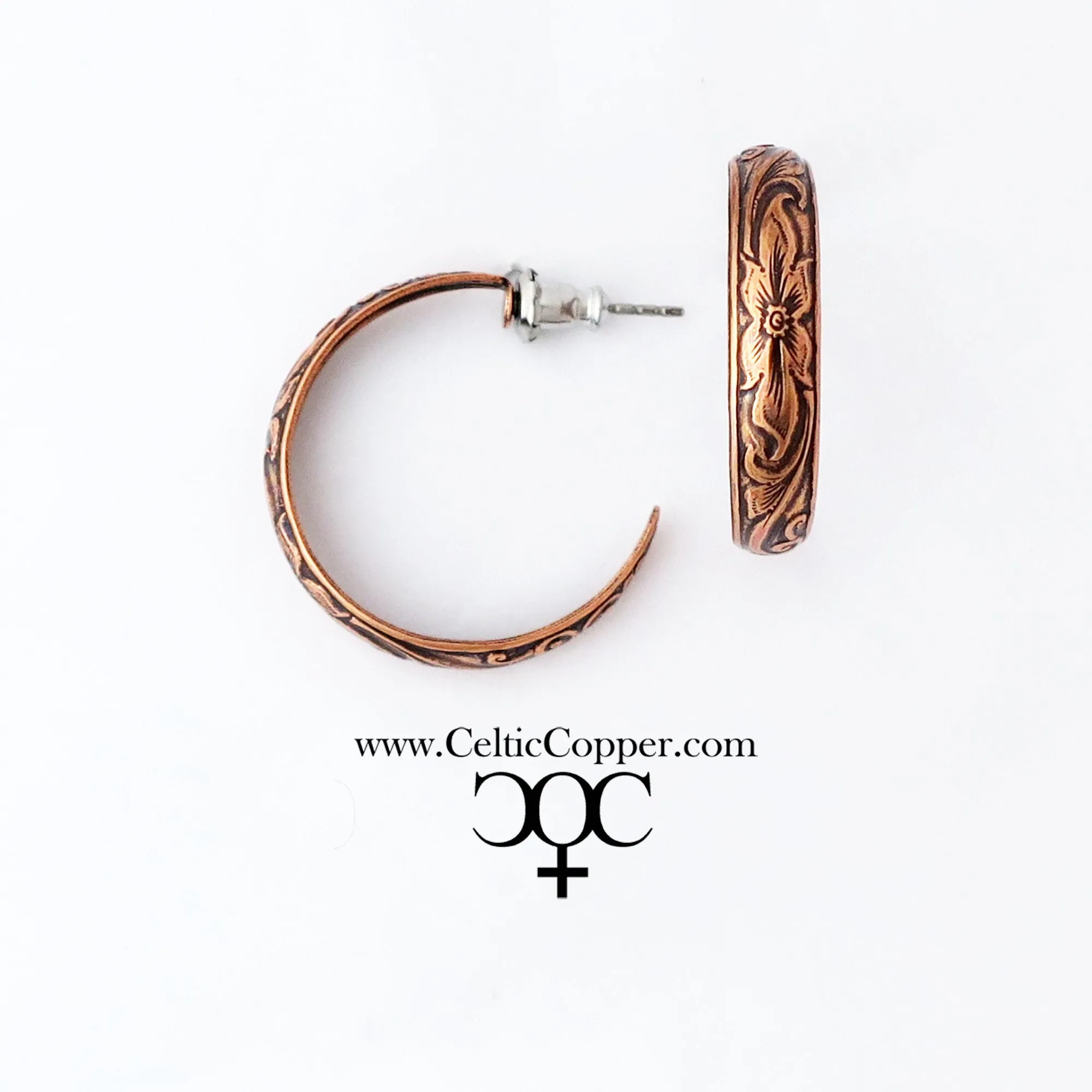 Floral Embossed Copper Hoop Earrings EC80 Solid Copper Jewelry Post Style Copper Hoop Earrings