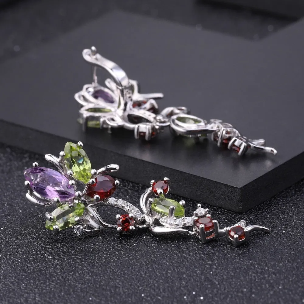 Flower Multicolor Natural Peridot Amethyst Drop Earrings (925 Sterling Silver)