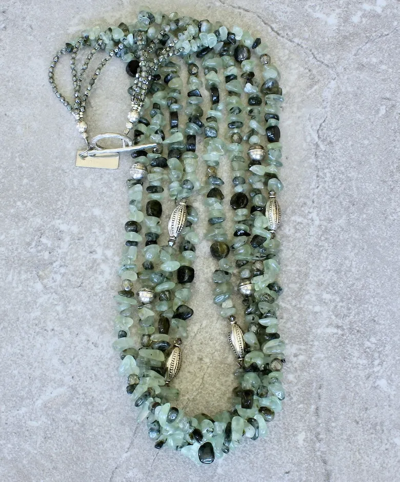 Fluorite Nugget 4-Strand Necklace with Green Tourmaline Coin Beads, Fire Polished Glass Ovals, Hill Tribe Silver Long Ovals, and Sterling Silver Rounds & Toggle Clasp