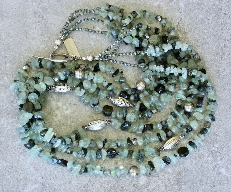 Fluorite Nugget 4-Strand Necklace with Green Tourmaline Coin Beads, Fire Polished Glass Ovals, Hill Tribe Silver Long Ovals, and Sterling Silver Rounds & Toggle Clasp