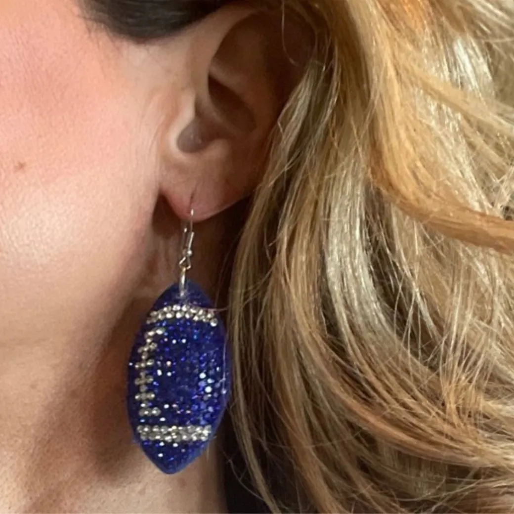 FOOTBALL EARRINGS: Blue Rhinestone Puffy Felt Earring